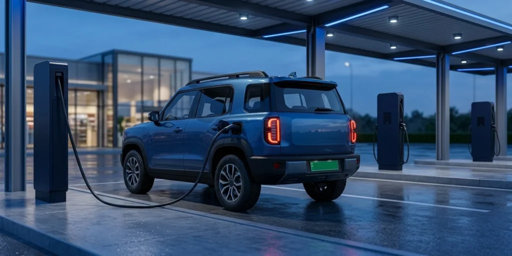Electric SUV charging at a covered DC fast-charging forecourt, illustrating OEM charging partnerships between vehicle manufacturers and charge point operators
