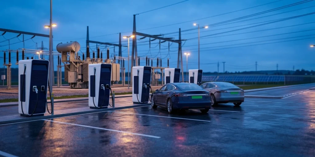 EV fast-charging hub beside a grid substation illustrating wheeling charges and open access power for EV charging in India