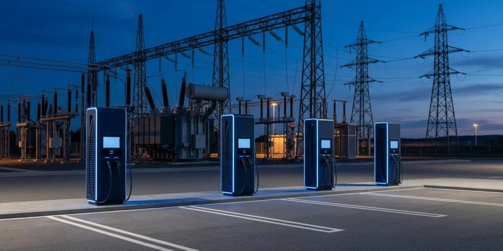 OpenADR 3.0 grid-facing interface for charge point operators: DC fast chargers beside a high-voltage substation at dusk
