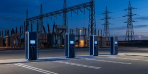 OpenADR 3.0 grid-facing interface for charge point operators: DC fast chargers beside a high-voltage substation at dusk