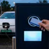 RFID card for EV charging held against a DC charger's reader at a public station, with an EV on a green number plate behind