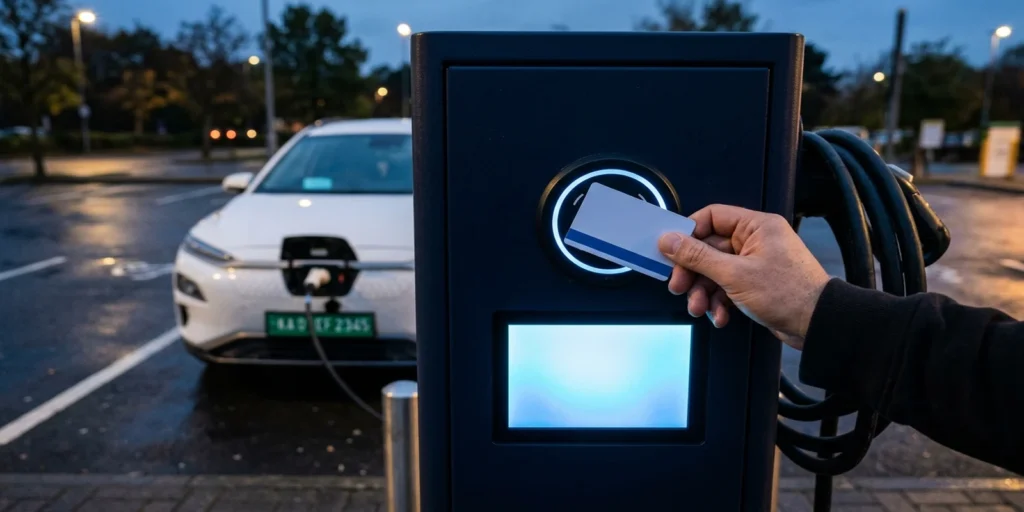 RFID card for EV charging held against a DC charger's reader at a public station, with an EV on a green number plate behind