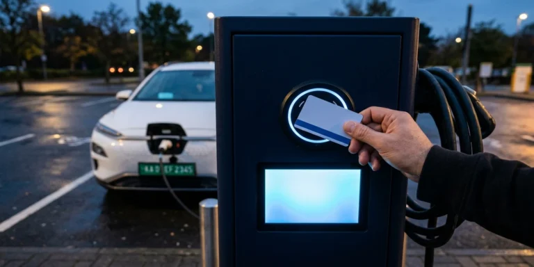 RFID card for EV charging held against a DC charger's reader at a public station, with an EV on a green number plate behind