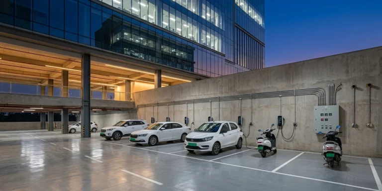 EV charging bays with wall-mounted chargers in a commercial building's podium car park, the provision green building certification and India's building codes require