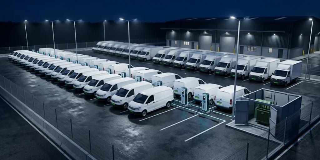 Smart charging for fleet depots: electric delivery vans queued in a depot yard at night with only some connected to shared DC chargers