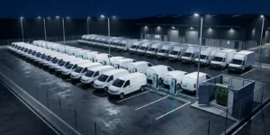 Smart charging for fleet depots: electric delivery vans queued in a depot yard at night with only some connected to shared DC chargers