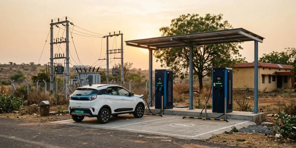 Public EV charging station beside a TGNPDCL distribution substation in northern Telangana, the site profile behind the Telangana EV charging tender for 169 stations under PM E-DRIVE.