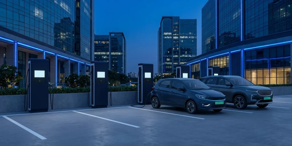EV charging for real estate — charging bays in a commercial office park podium car park with green-number-plate electric cars