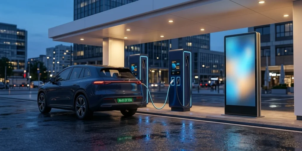 Digital advertising totem beside DC fast chargers on a forecourt, illustrating EV charging station advertising inventory