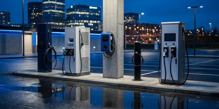 OCPP backend software managing five different EV charger models from different manufacturers at an urban charging plaza at dusk
