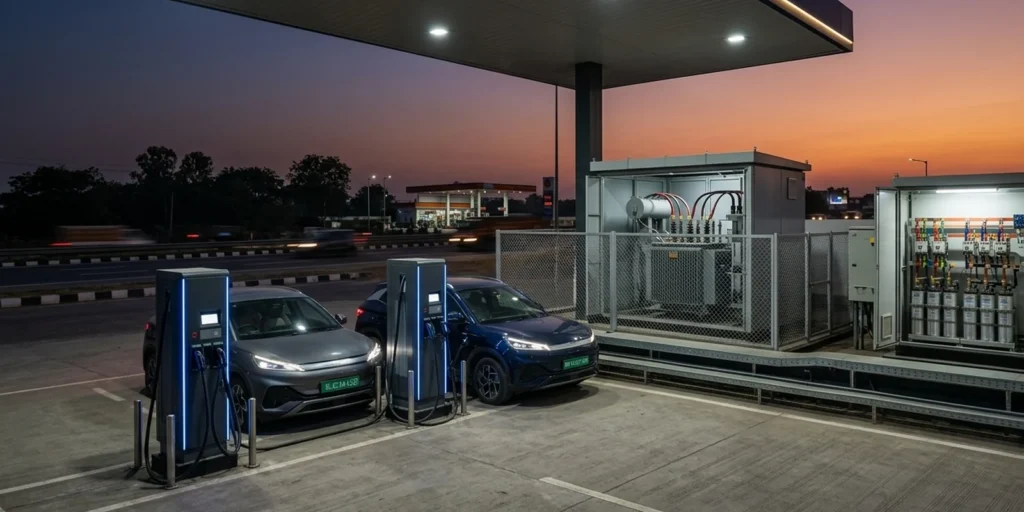 Power quality at an EV fast charging site: DC chargers beside the site transformer and LT panel with capacitor bank
