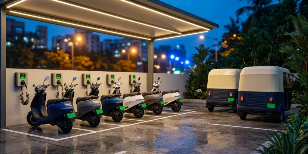 Two wheeler EV charging station with electric scooters and e-rickshaws plugged into LEV AC points at an Indian urban charging bay