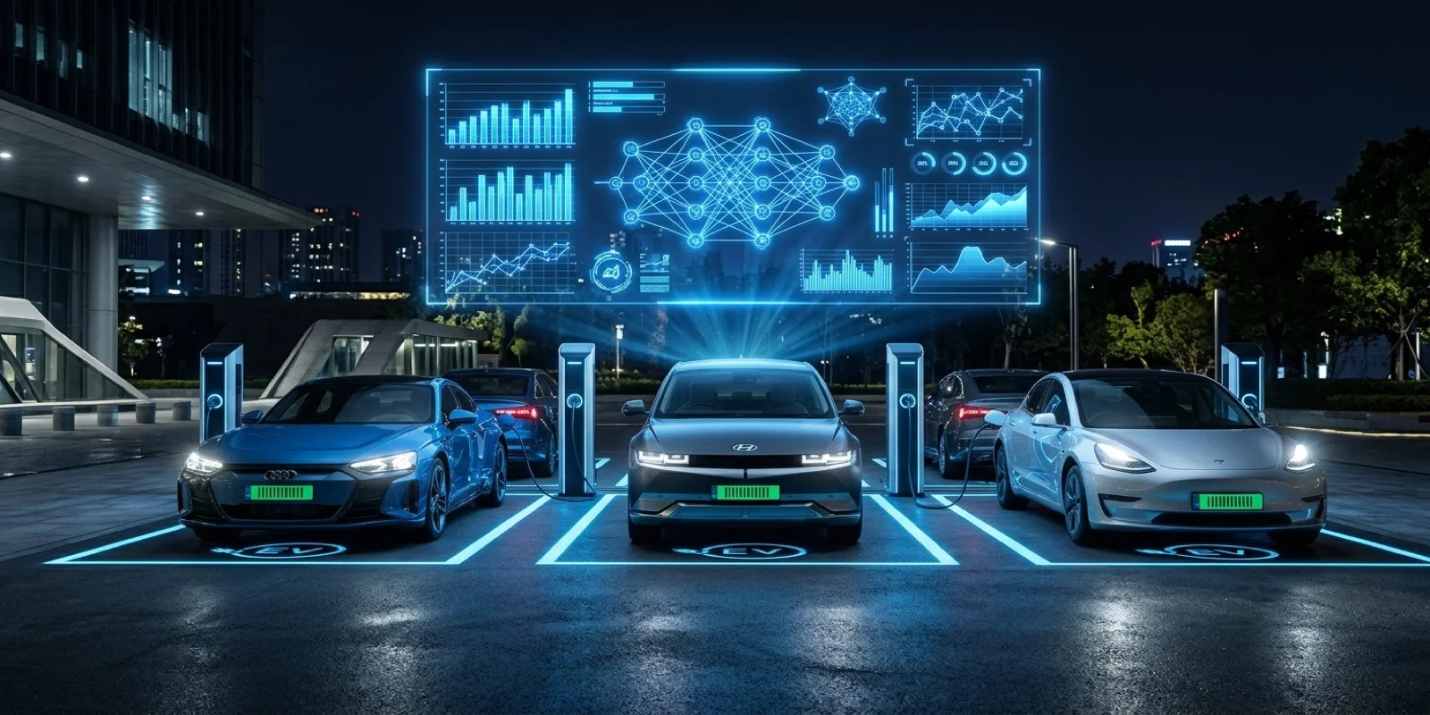 AI integrations for EV charging software — holographic analytics dashboard above a charging station