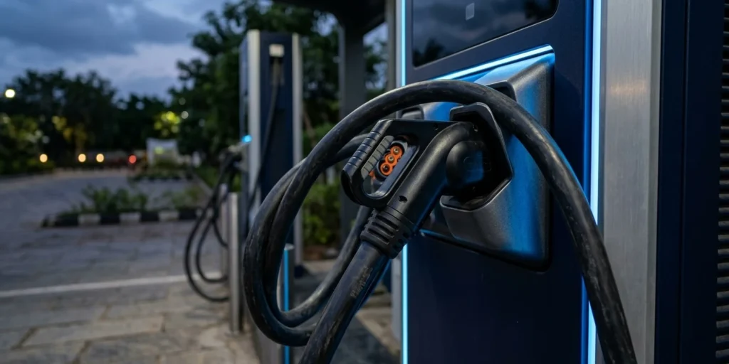 EV charging cable standard India: a DC fast charging cable and CCS2 connector holstered at an outdoor public charger