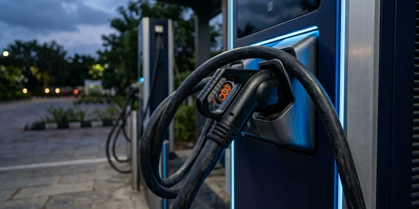 EV charging cable standard India: a DC fast charging cable and CCS2 connector holstered at an outdoor public charger