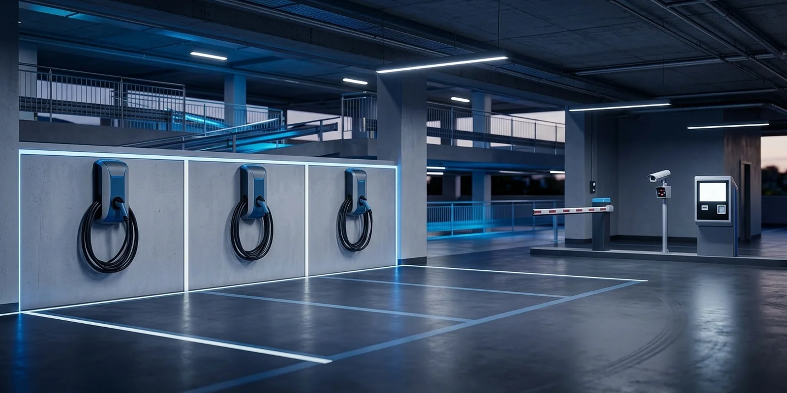 Parking management system and EV charging: wall-mounted EV chargers above empty charging bays in a multi-level car park, with a boom barrier, ANPR camera and pay kiosk at the exit lane