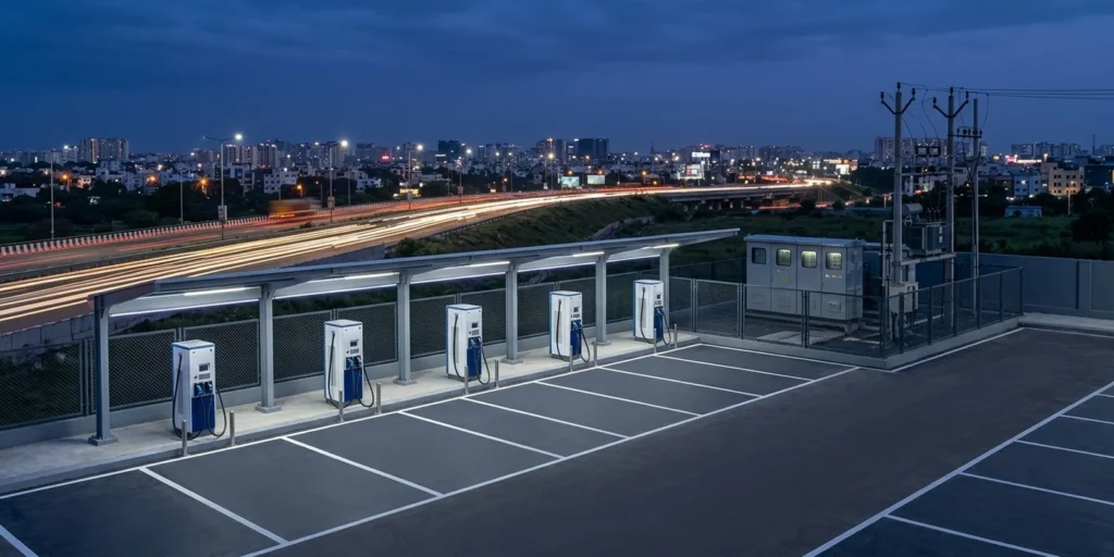PM E-DRIVE charging station scheme: a newly built public DC fast charging hub beside an Indian city highway at dusk