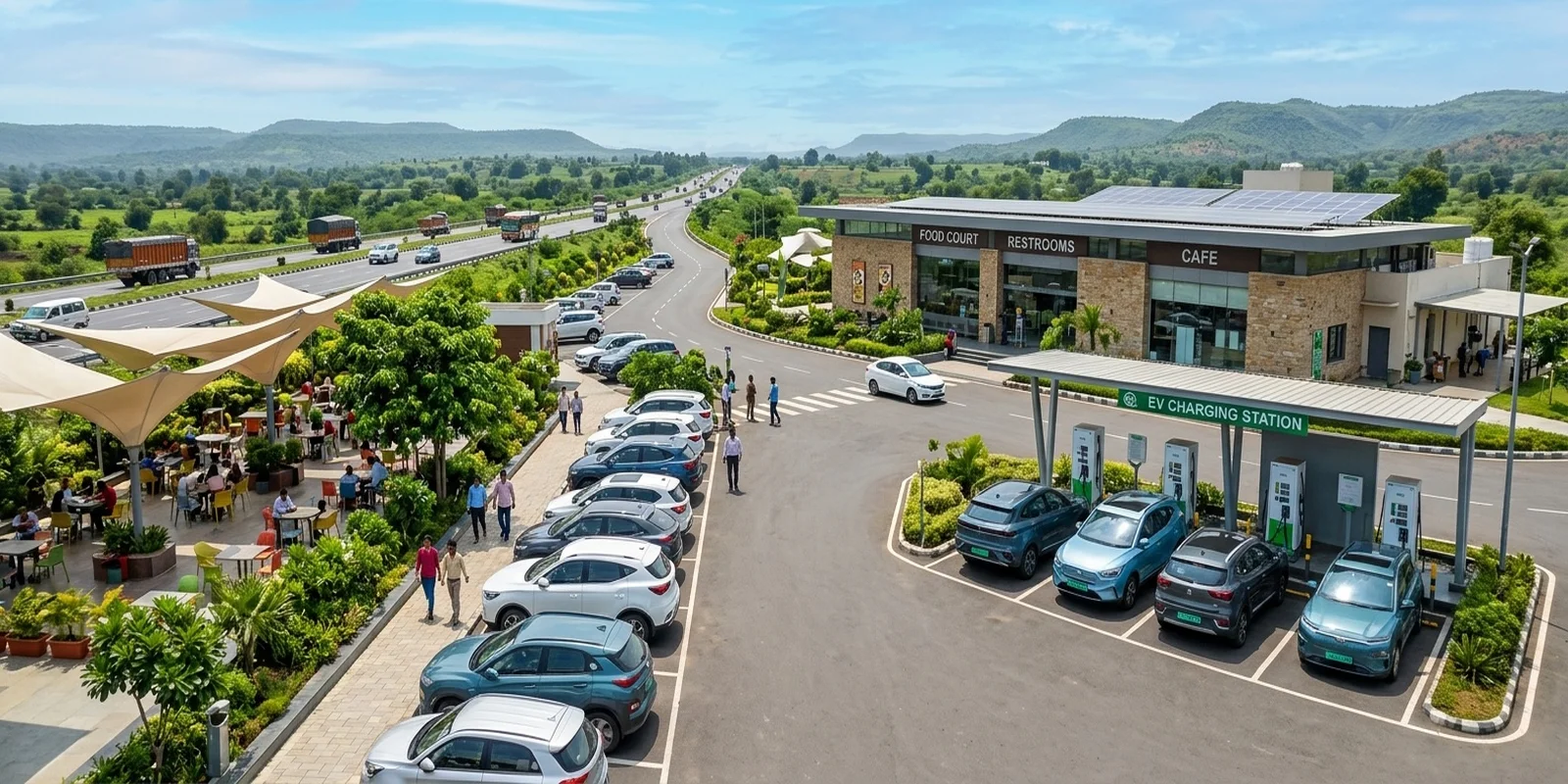 Highway wayside amenity with EV fast charging stations alongside food court and rest facilities in India